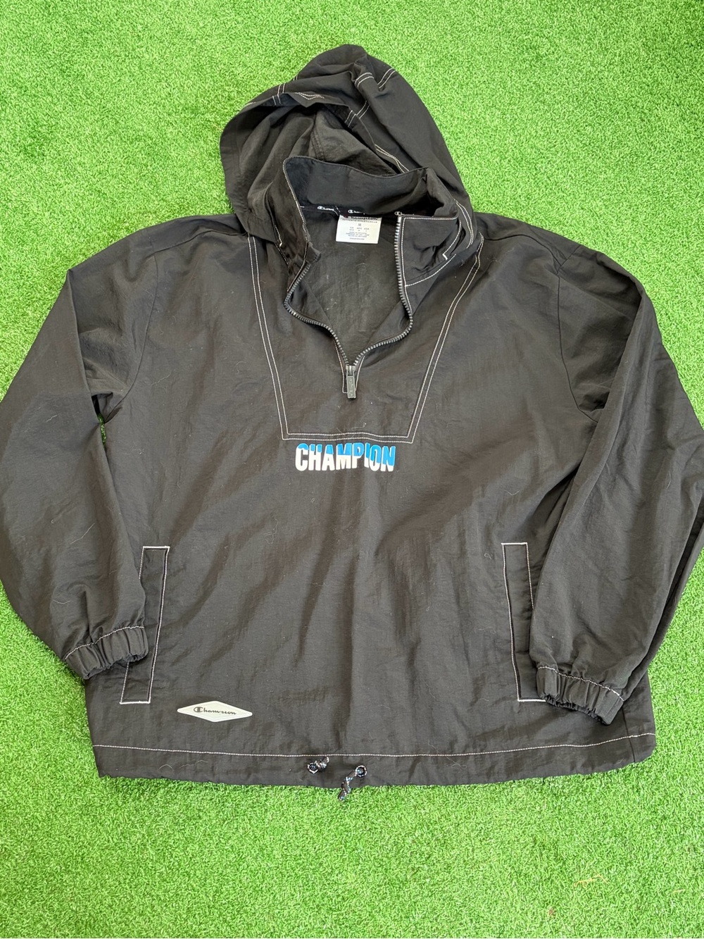 Champion Black Hoodie with Blue Logo Accent
